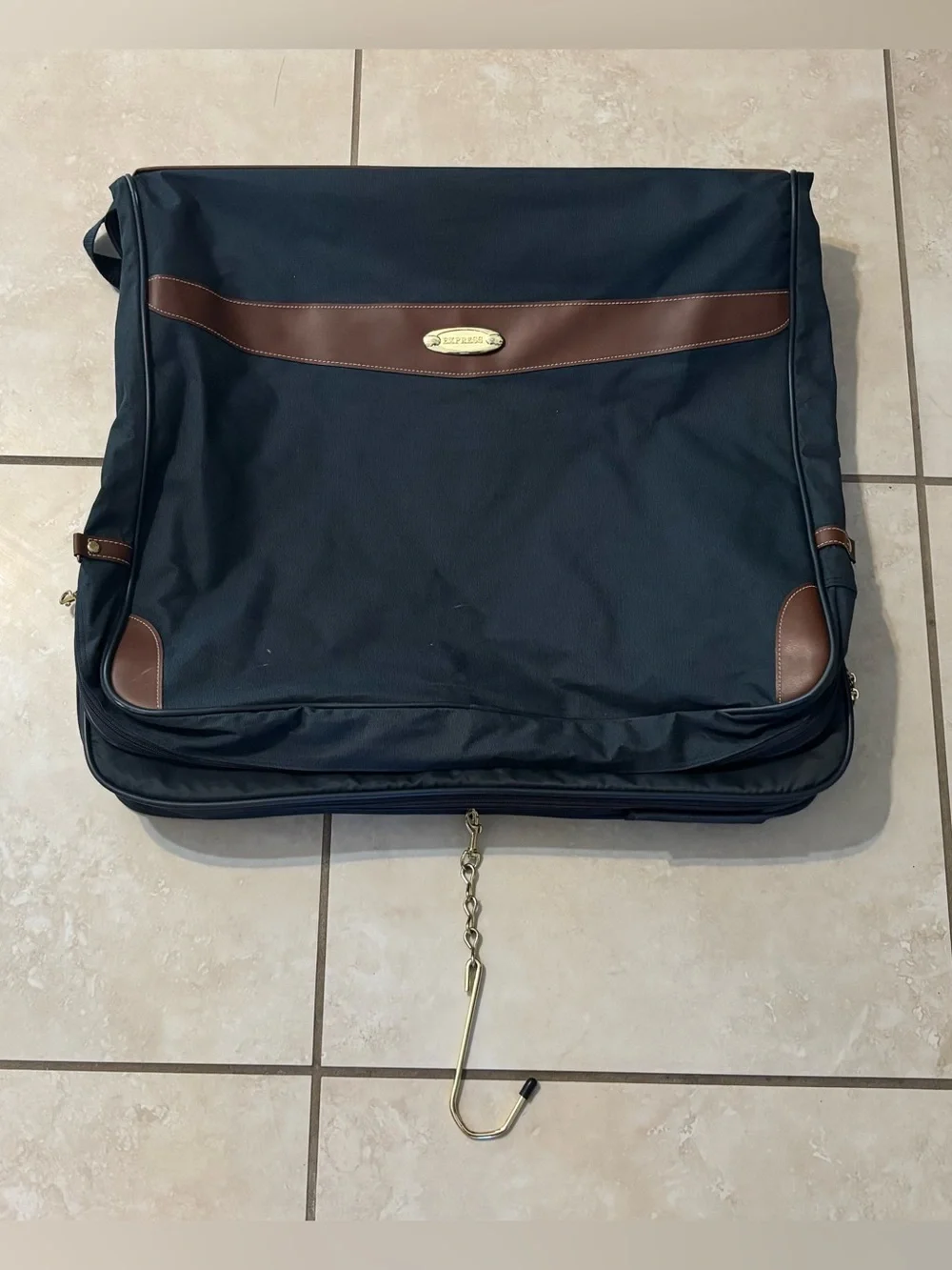 Express Navy Garment Bag with Brown Trim and Hanging Hook